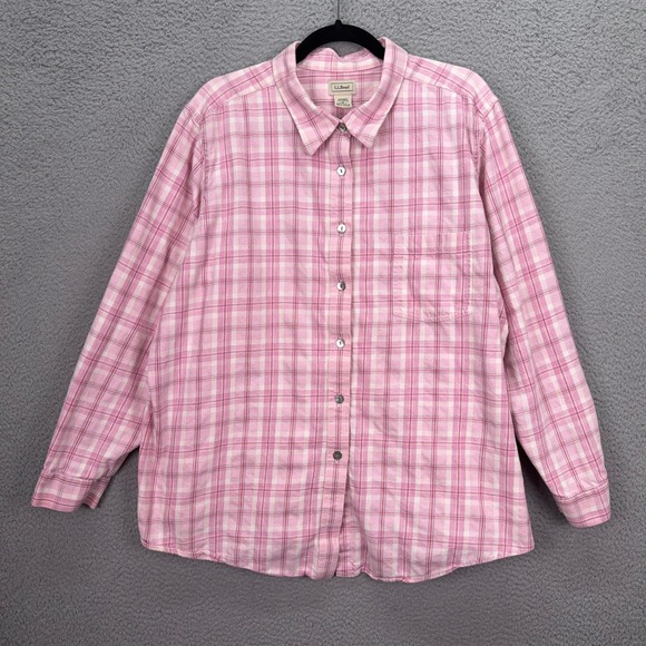 L.L. Bean Tops - LL Bean Top Womens 3X Pink White Plaid Flannel Shirt Long Sleeve Cotton Country